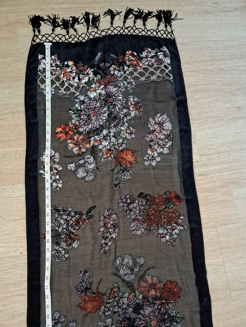 Vintage Black Sheer Floral Scarf with Fringe 100% Silk